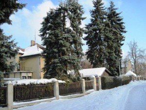 Nice snow covered houses and streets, Bila Hora, Prague