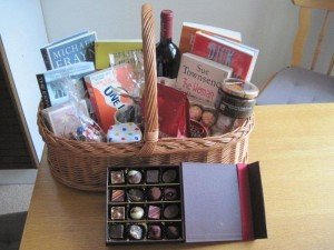 Christmas basket of books and other goodies